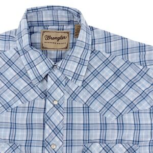Wrangler Western Shirt Mens Large Blue Plaid Excellent Pearl Snap Short Sleeve